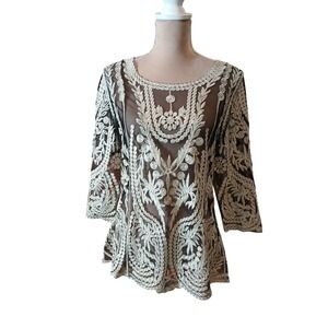 Ultra Pink Lace Embroidered Sheer Mesh 3/4 Sleeve Top Size L Whimsygoth Womans